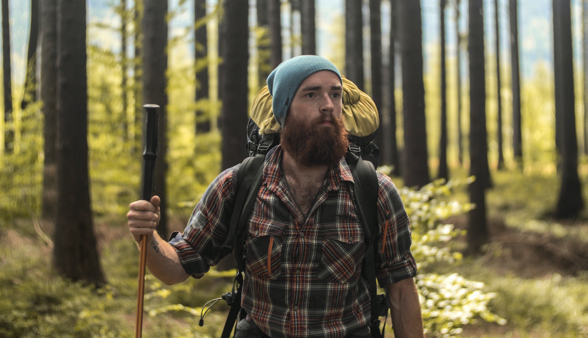 portrait of a caucasian male hiker standing outdoors in a forest with a backpack